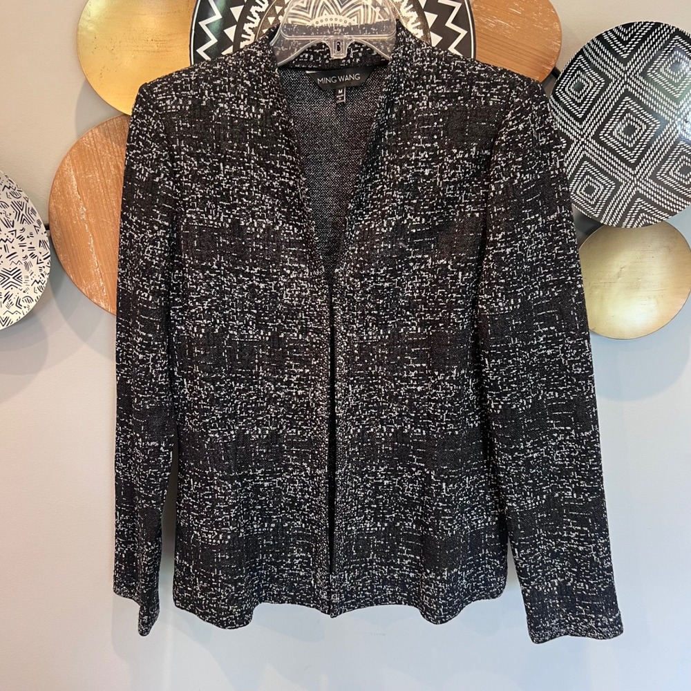 Ming Wang Black White Textured Rhinestone Knit Jacket Womens Medium Hook Closure